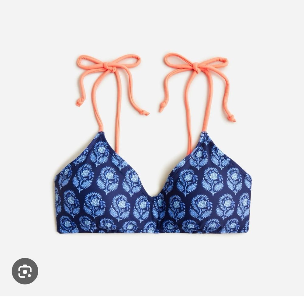 J. Crew Navy Blue Floral Print Bikini Top with Coral Ties orig 98